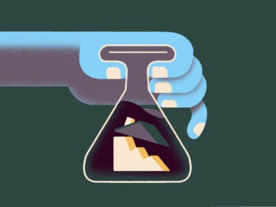 A hand holds a beaker that shows a run chart