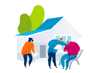Three figures gather in front of a house, one of them is being counseled.