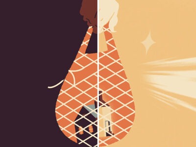 A split screen photo, left side brown and the right side yellow. In the center is a hand holding a net, within the net is a house. The left side is a torn net, the right side is whole.