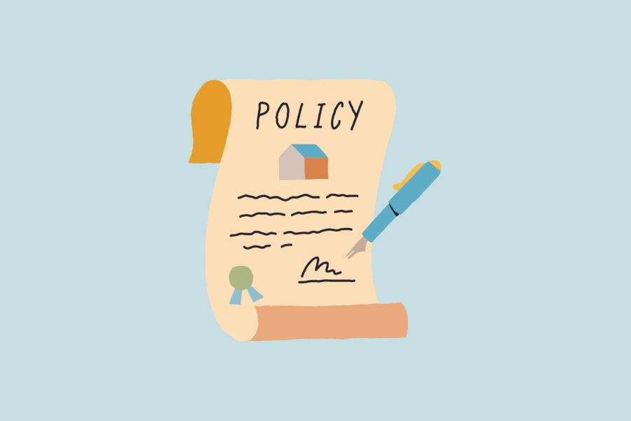 Illustration of scroll with "Policy" written at the top and an image of a house on it, with a pen writing on the scroll
